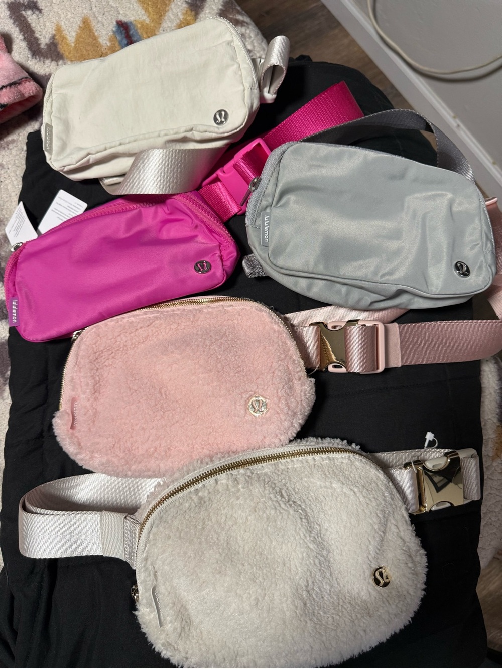 lululemon athletica crossbody bag lot — hot pink, light pink, gray, cream, white